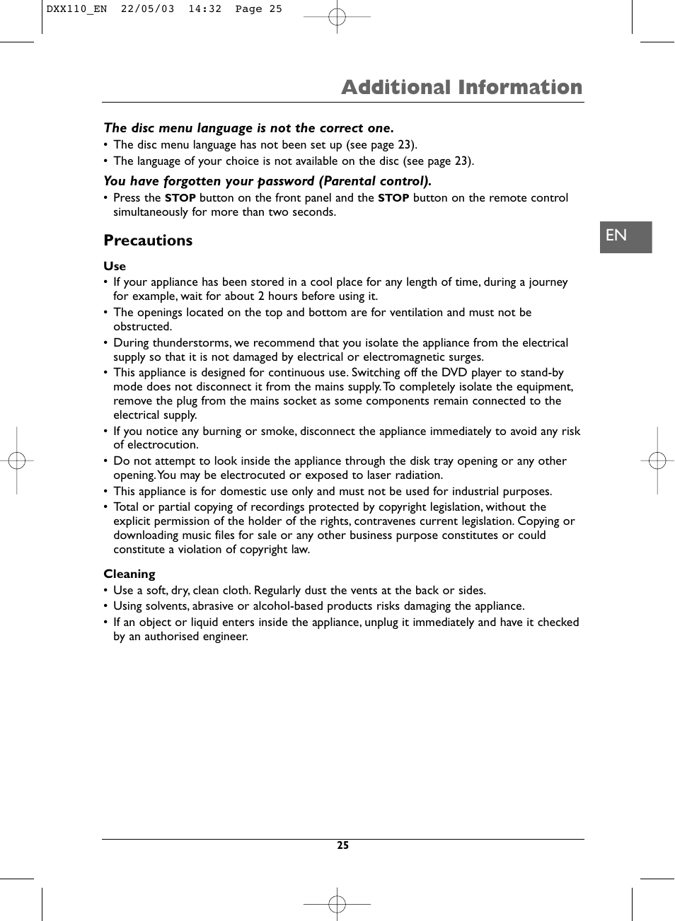 Additional information, Precautions | Technicolor - Thomson DVD110 User Manual | Page 25 / 26