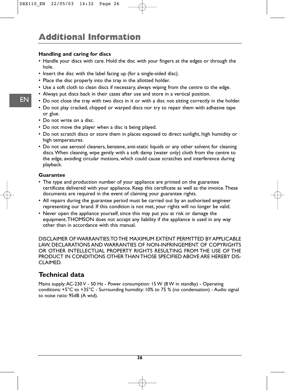Additional information, Technical data | Technicolor - Thomson DVD110 User Manual | Page 26 / 26