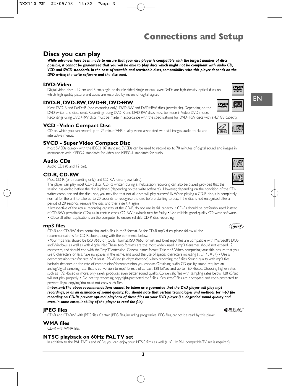 Connections and setup, Discs you can play | Technicolor - Thomson DVD110 User Manual | Page 3 / 26