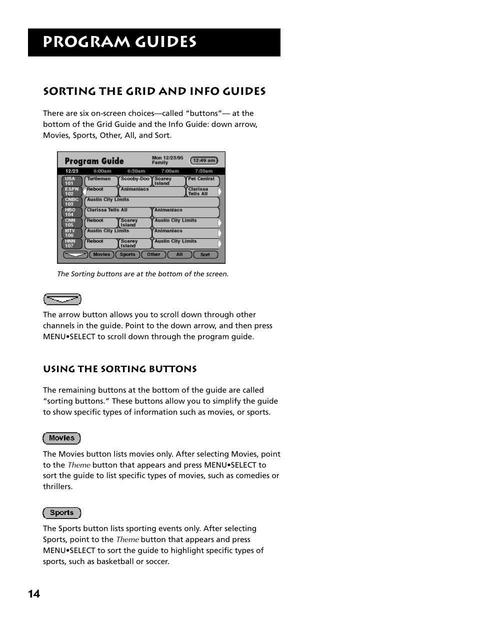 Sorting the grid and info guides, Program guides, 14 sorting the grid and info guides | Technicolor - Thomson DRD302RA User Manual | Page 16 / 64