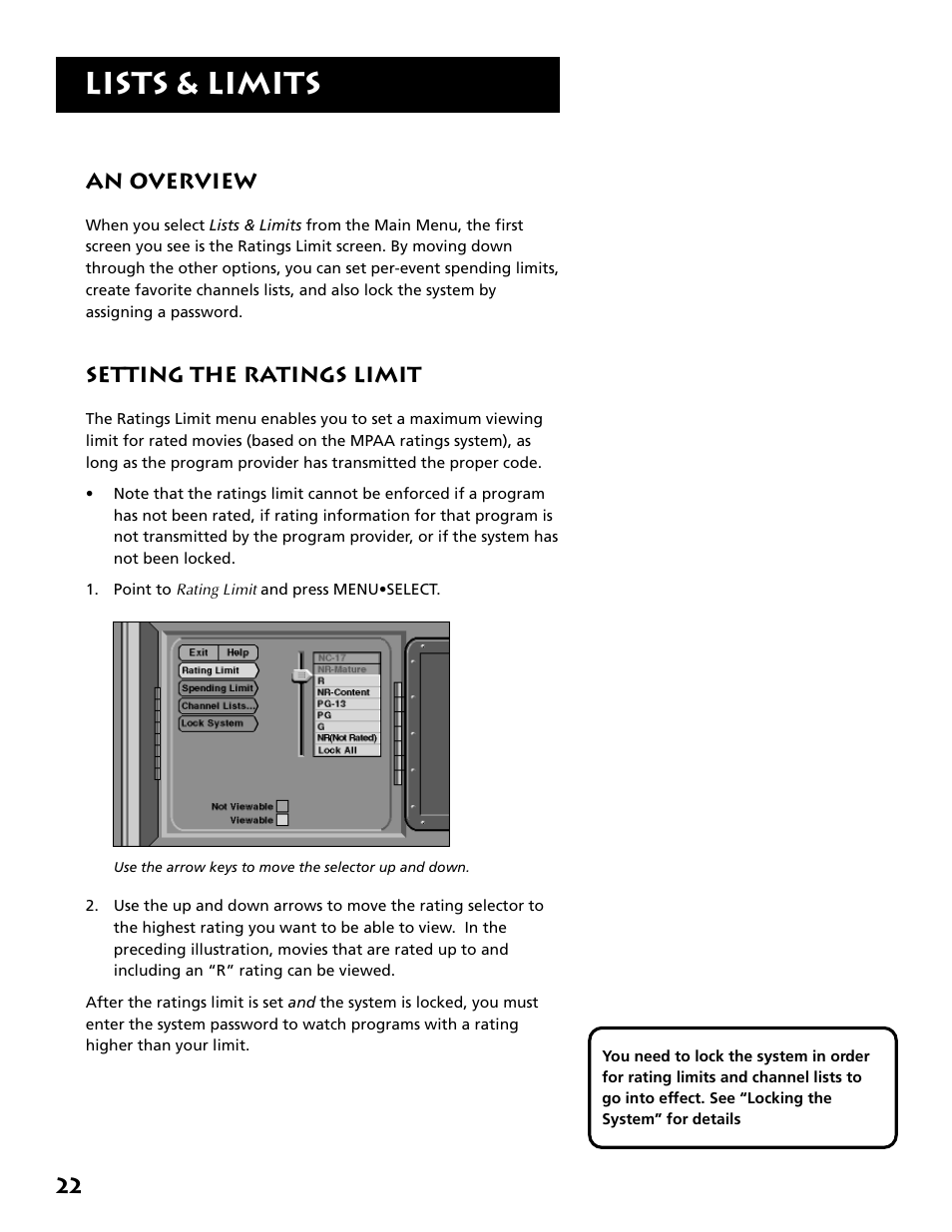 Setting the ratings limit, Lists & limits, 22 an overview | Technicolor - Thomson DRD302RA User Manual | Page 24 / 64