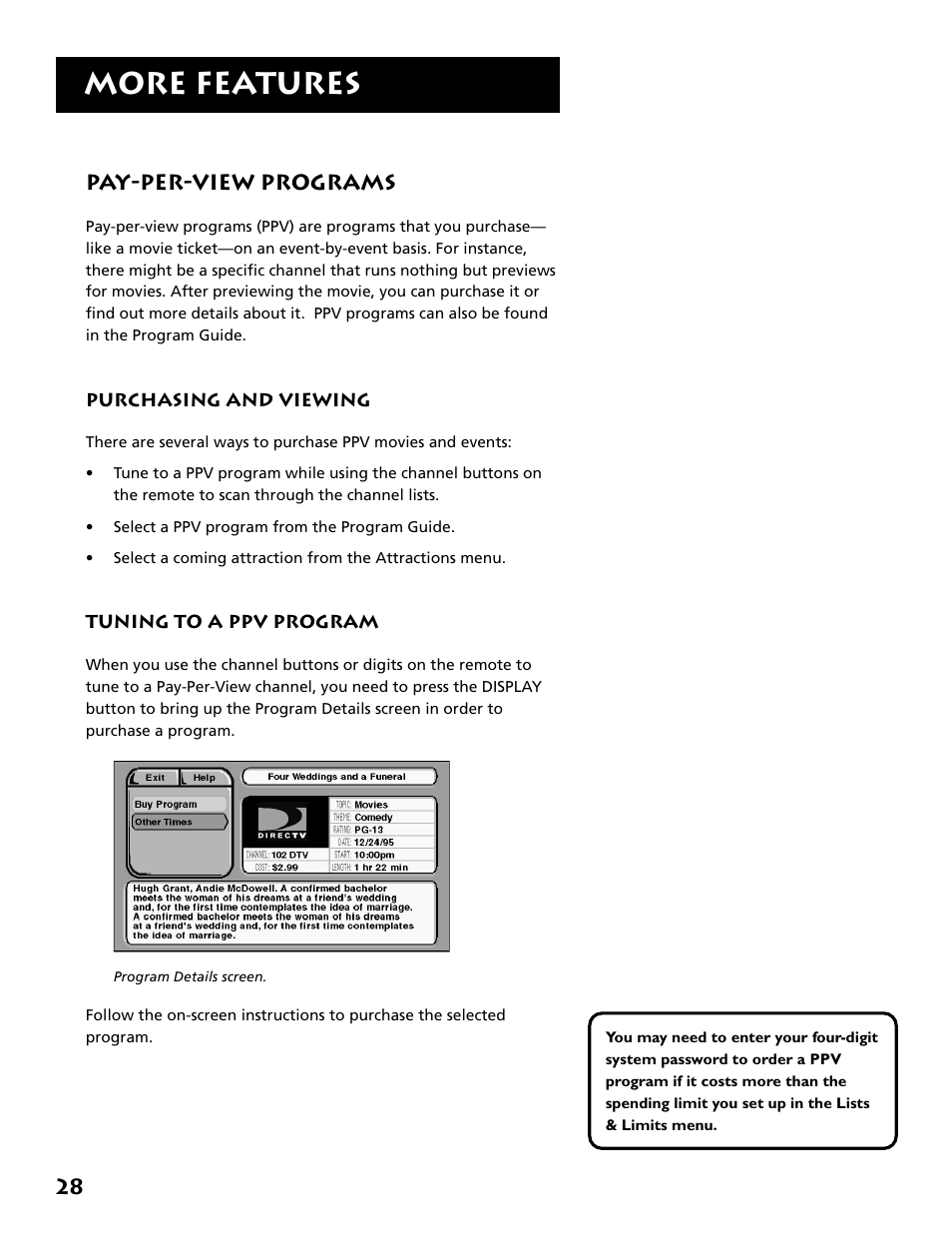 Pay-per-view programs, More features, 28 pay-per-view programs | Technicolor - Thomson DRD302RA User Manual | Page 30 / 64