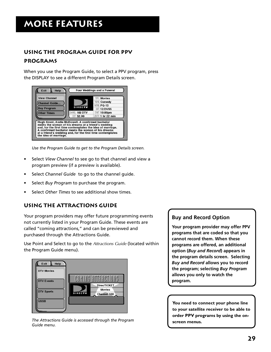 Using the program guide for ppv programs, Using the attractions guide, More features | Technicolor - Thomson DRD302RA User Manual | Page 31 / 64