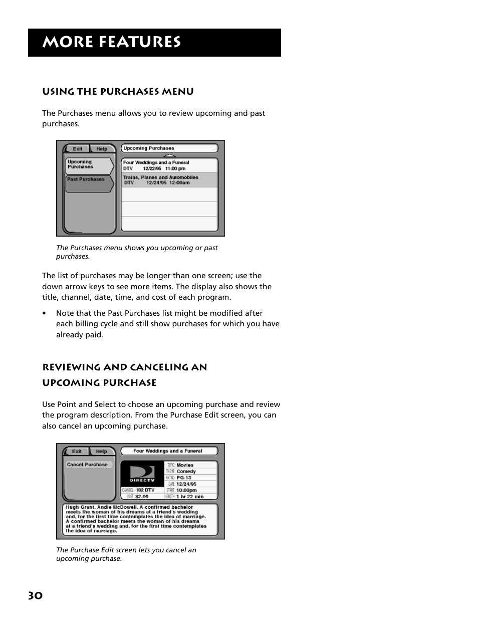 Using the purchases menu, Reviewing and canceling an upcoming purchase, More features | Technicolor - Thomson DRD302RA User Manual | Page 32 / 64