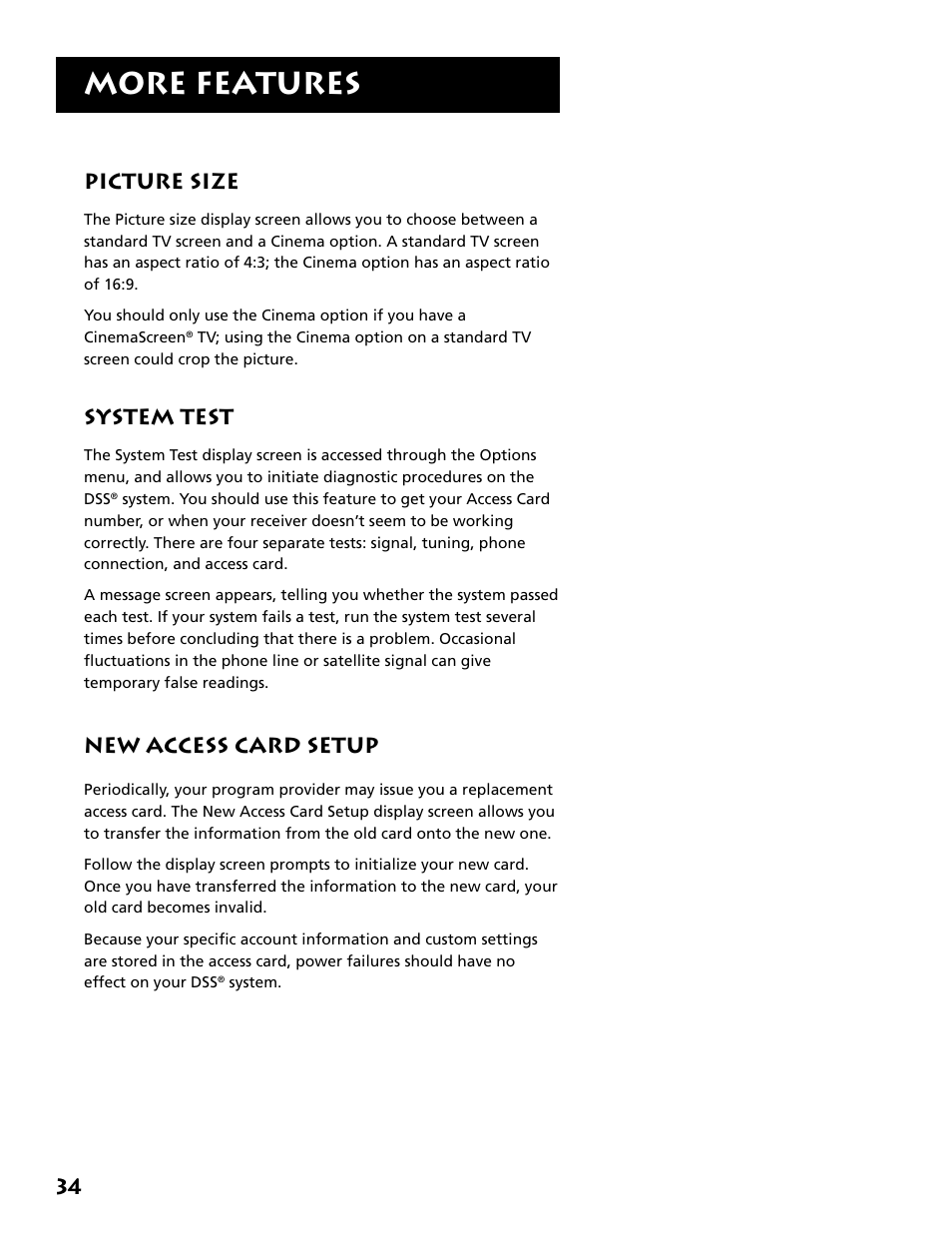 Picture size, System test, New access card setup | More features, 34 picture size | Technicolor - Thomson DRD302RA User Manual | Page 36 / 64