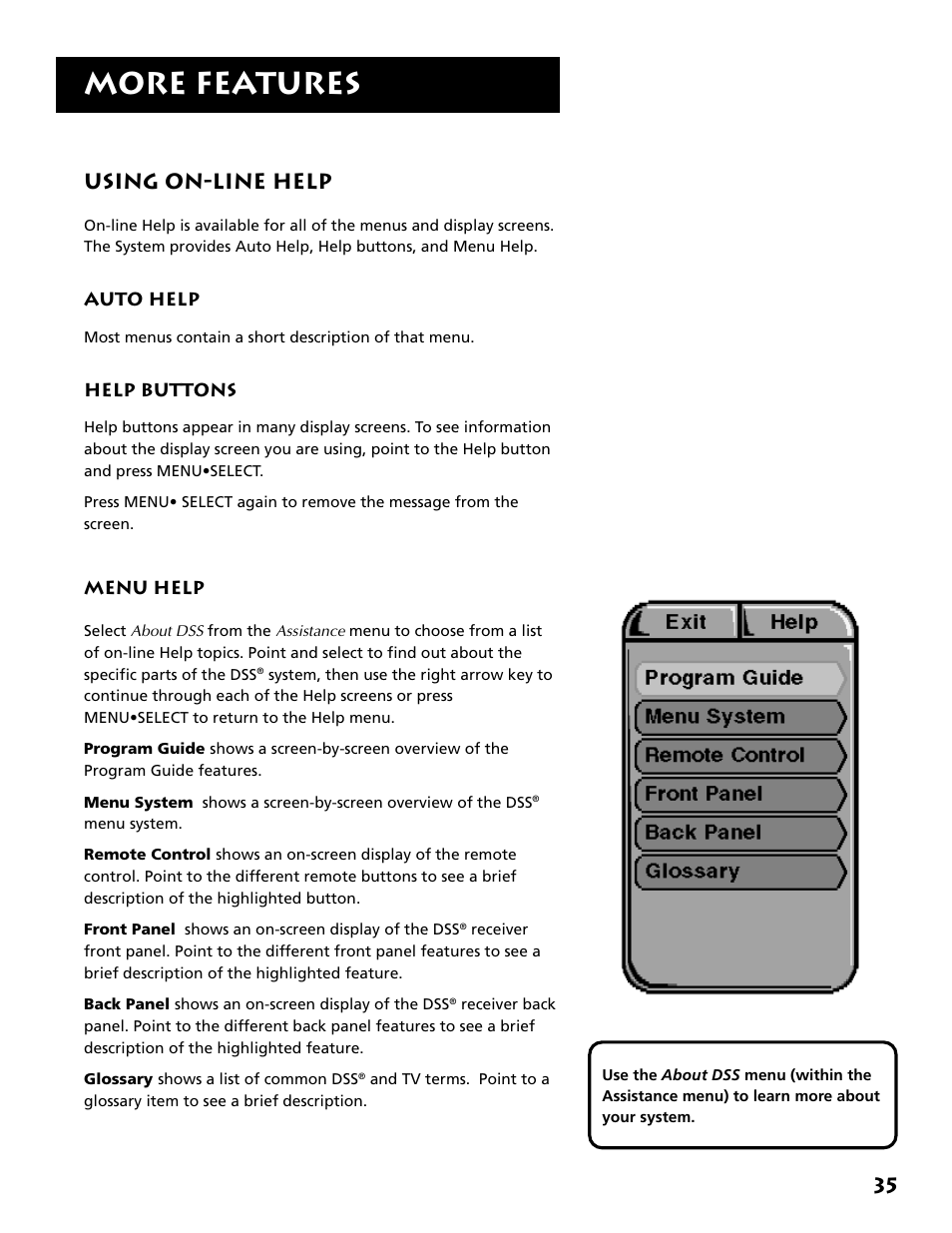 Using on-line help, Auto help, Help buttons | Menu help, More features, 35 using on-line help | Technicolor - Thomson DRD302RA User Manual | Page 37 / 64