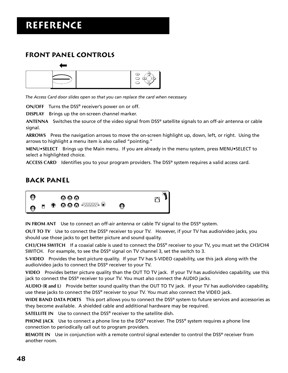 Front panel controls, Back panel, Reference | On/off turns the dss, System. out to tv use to connect the dss, Receiver. the dss, Receiver from another room | Technicolor - Thomson DRD302RA User Manual | Page 50 / 64