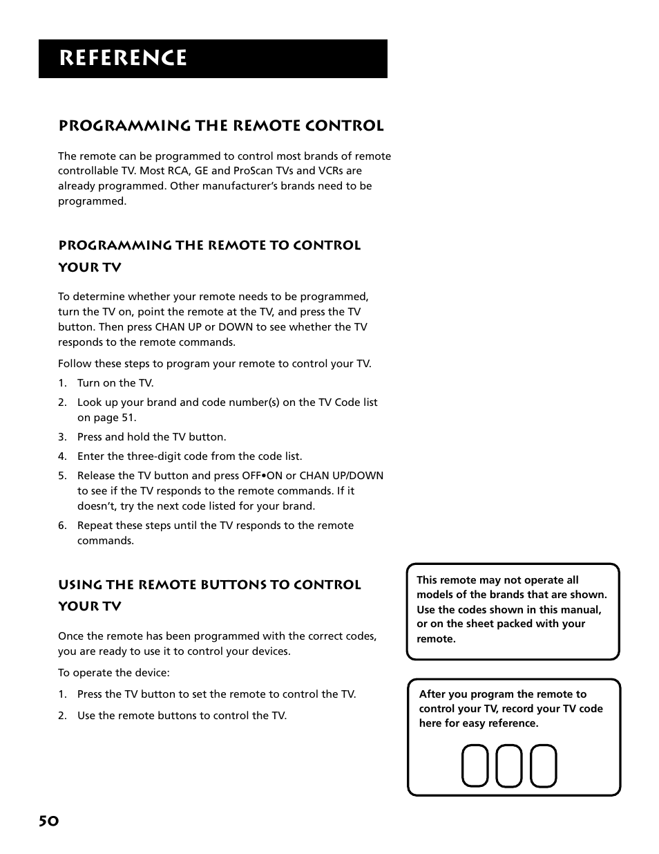 Programming the remote to control your tv, Using the remote buttons to control your tv, Reference | Programming the remote control | Technicolor - Thomson DRD302RA User Manual | Page 52 / 64