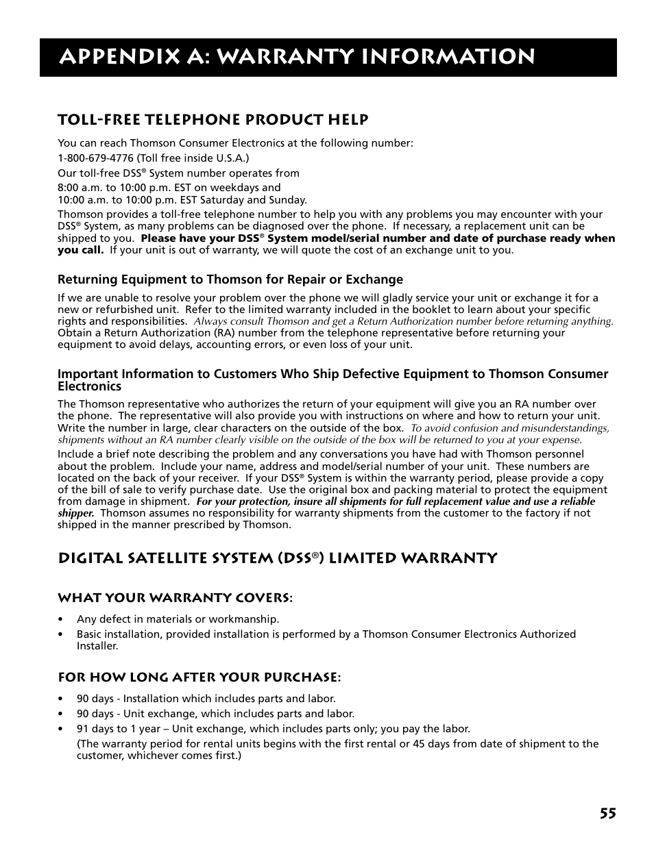 Appendix a: warranty information, Toll-free telephone product help, Digital satellite system (dss | Limited warranty | Technicolor - Thomson DRD302RA User Manual | Page 57 / 64