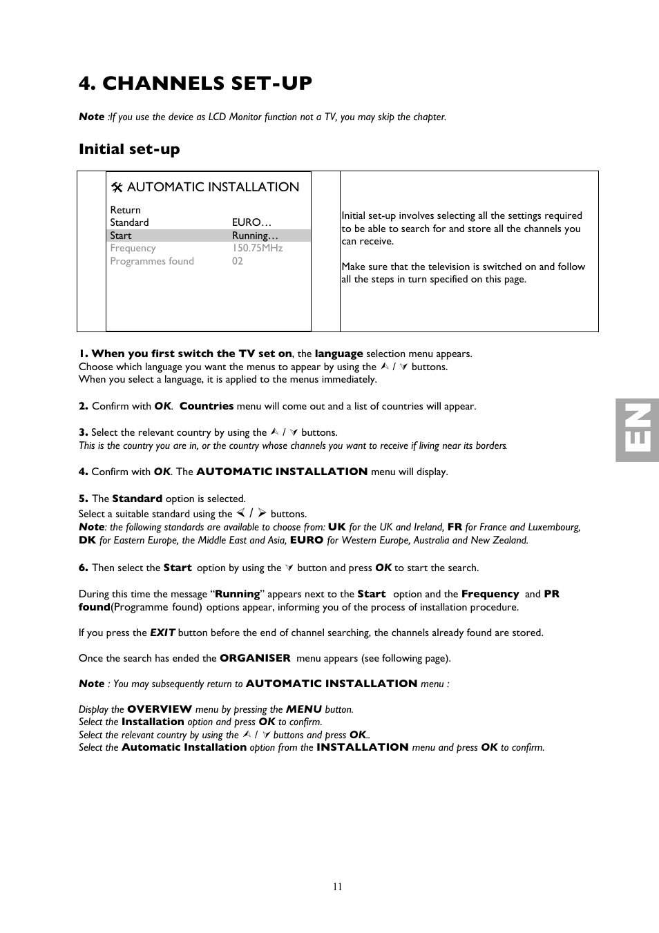 Channels set-up, Initial set-up, Automatic installation | Technicolor - Thomson 32LB115 User Manual | Page 11 / 28