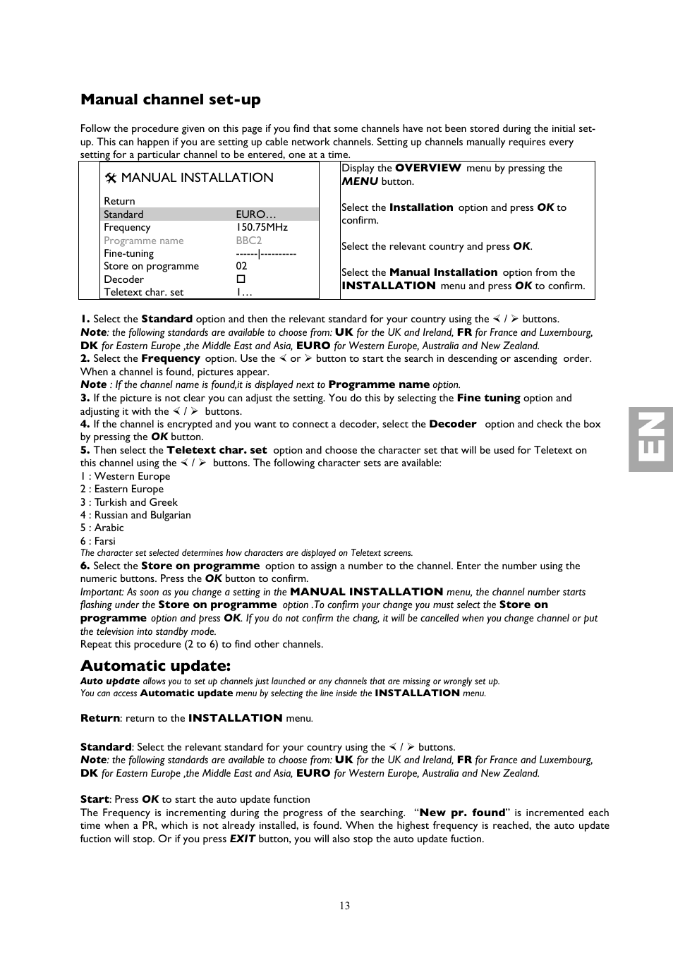 Manual channel set-up, Automatic update, Manual installation | Technicolor - Thomson 32LB115 User Manual | Page 13 / 28