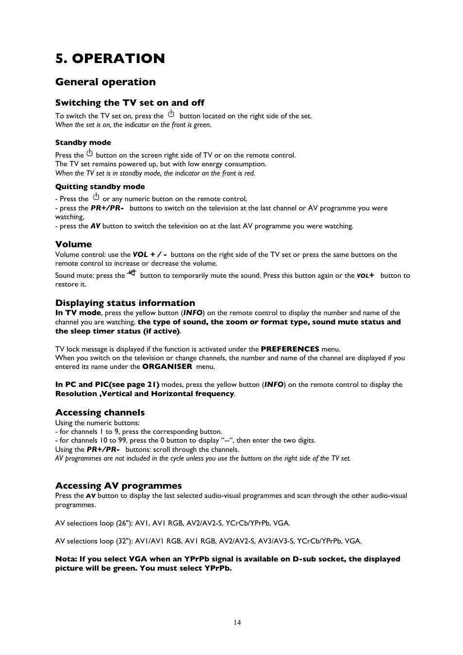 Operation, General operation | Technicolor - Thomson 32LB115 User Manual | Page 14 / 28