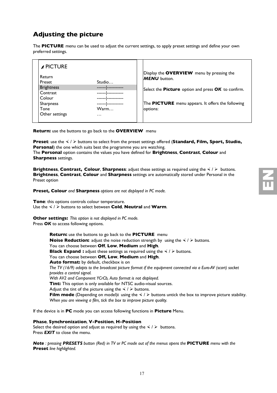 Adjusting the picture, Ûpicture | Technicolor - Thomson 32LB115 User Manual | Page 17 / 28