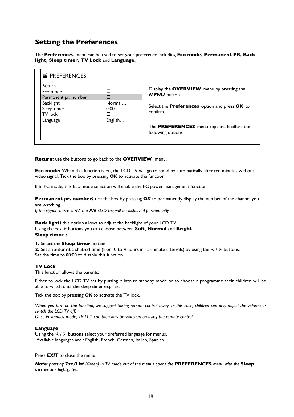 Setting the preferences, Preferences | Technicolor - Thomson 32LB115 User Manual | Page 18 / 28