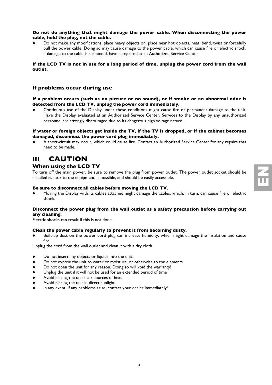 Caution, If problems occur during use, When using the lcd tv | Technicolor - Thomson 32LB115 User Manual | Page 5 / 28