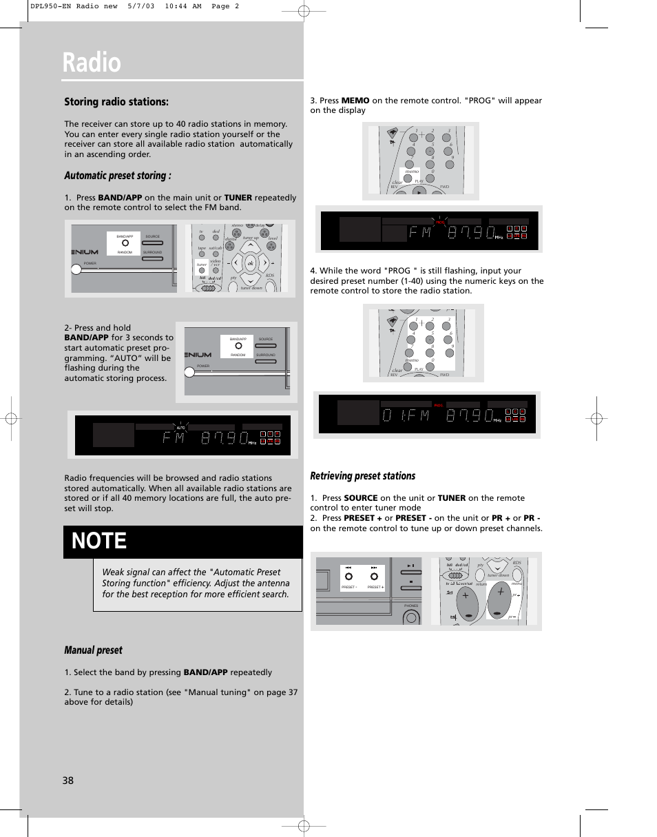 Radio, Storing radio stations, Automatic preset storing | Manual preset, Retrieving preset stations | Technicolor - Thomson DPL950 User Manual | Page 2 / 3
