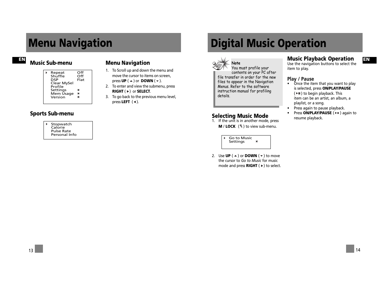 Digital music operation, Menu navigation, Selecting music mode | Music playback operation, Music sub-menu sports sub-menu menu navigation | Technicolor - Thomson Thomson Lyra PDP2656S User Manual | Page 12 / 30