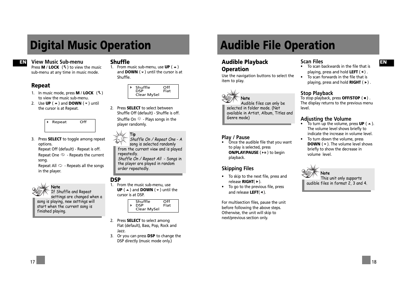 Audible file operation, Digital music operation, Audible playback operation | Repeat, Shuffle | Technicolor - Thomson Thomson Lyra PDP2656S User Manual | Page 14 / 30