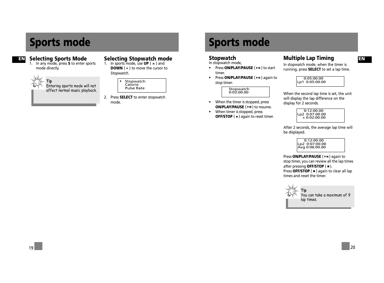 Sports mode, Selecting sports mode, Selecting stopwatch mode | Stopwatch, Multiple lap timing | Technicolor - Thomson Thomson Lyra PDP2656S User Manual | Page 15 / 30