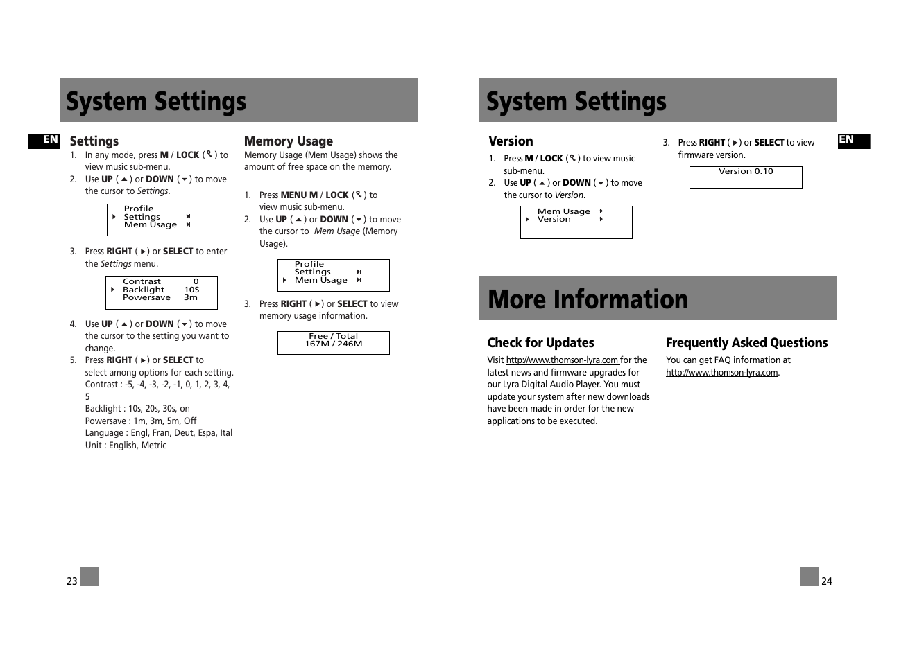 System settings, System settings more information, Settings | Version, Check for updates, Frequently asked questions | Technicolor - Thomson Thomson Lyra PDP2656S User Manual | Page 17 / 30