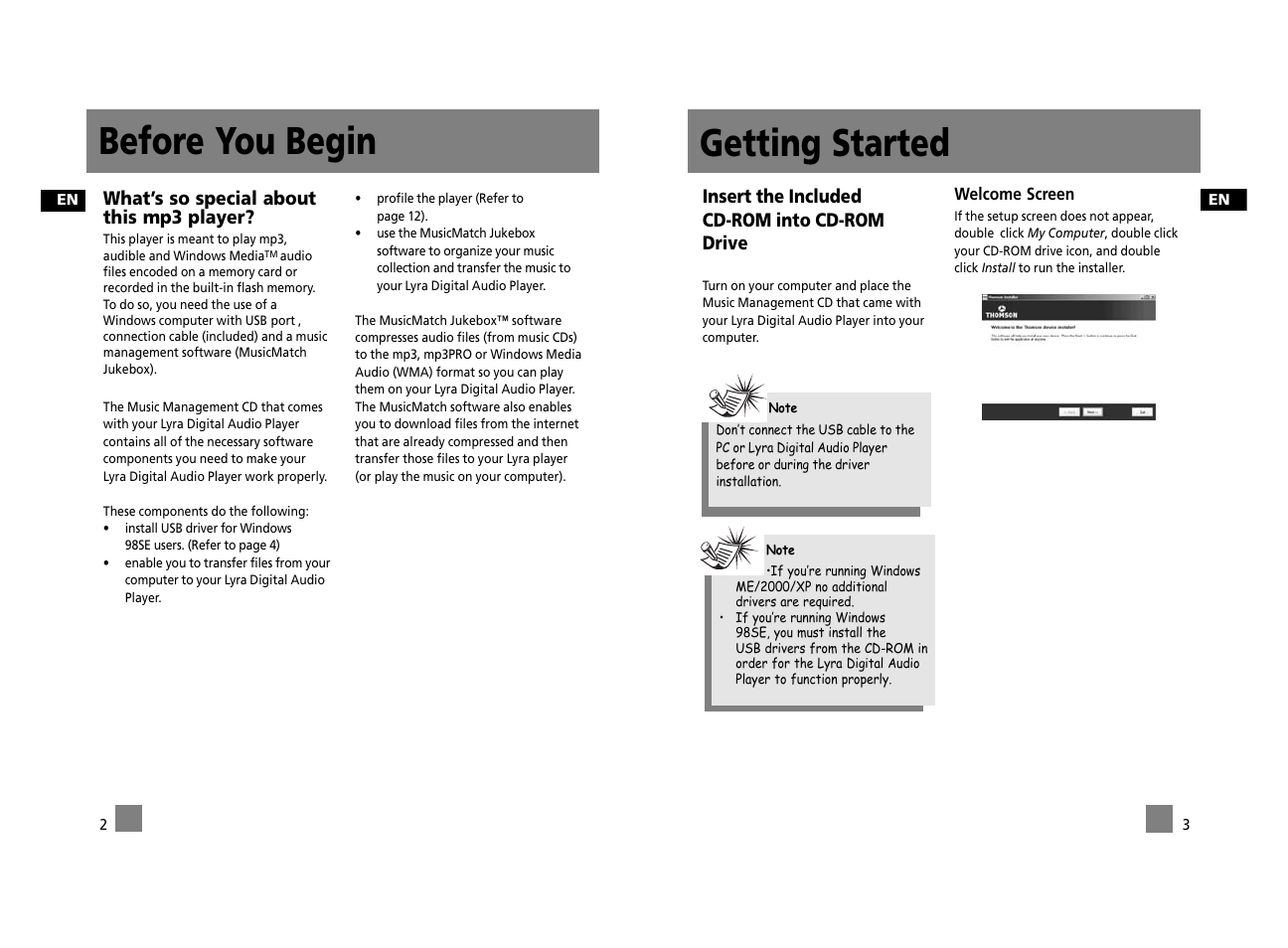 Before you begin, Getting started, What’s so special about this mp3 player | Insert the included cd-rom into cd-rom drive | Technicolor - Thomson Thomson Lyra PDP2656S User Manual | Page 25 / 30