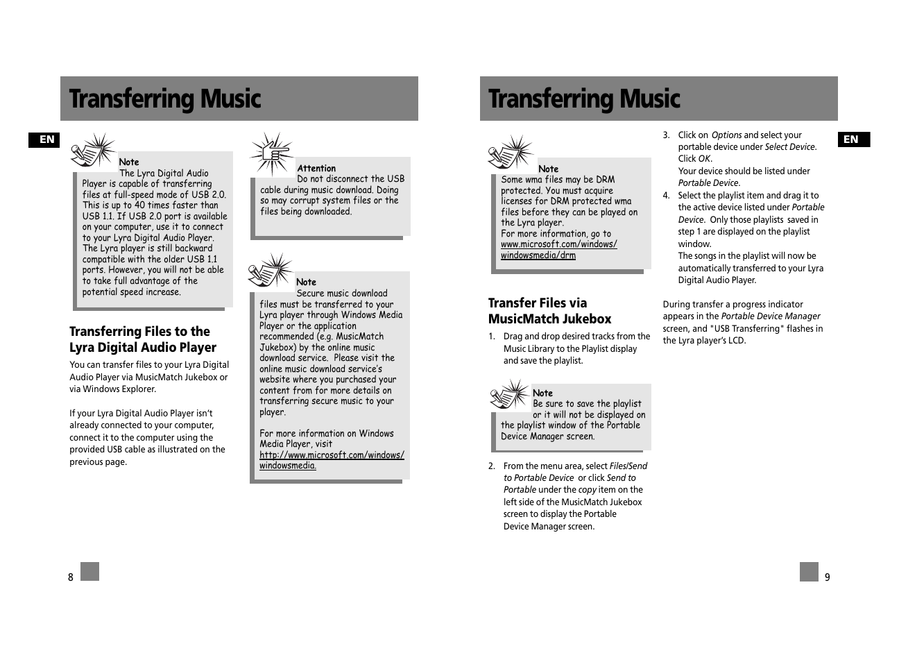 Transferring music, Transfer files via musicmatch jukebox | Technicolor - Thomson Thomson Lyra PDP2656S User Manual | Page 28 / 30