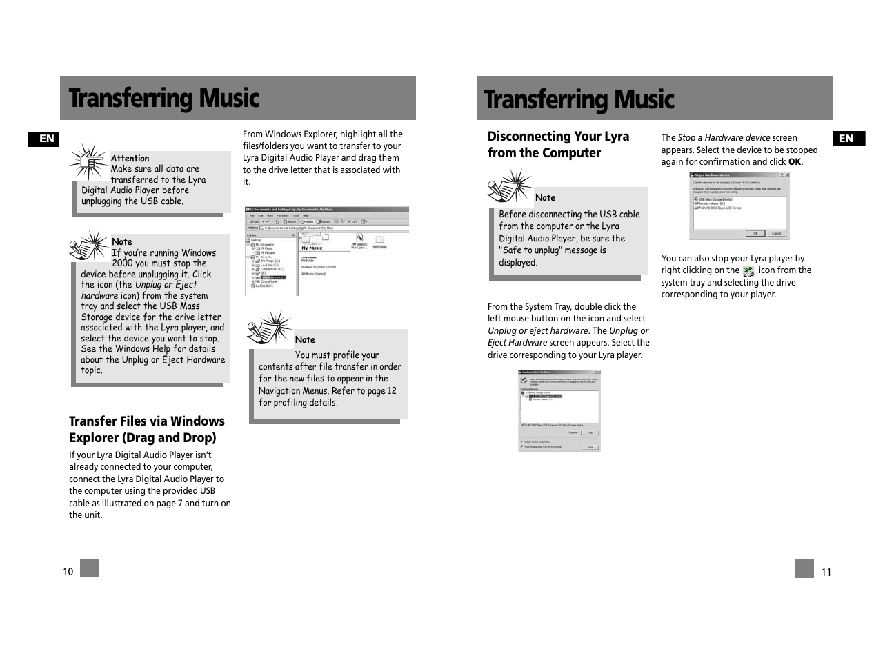 Transferring music, Disconnecting your lyra from the computer | Technicolor - Thomson Thomson Lyra PDP2656S User Manual | Page 29 / 30