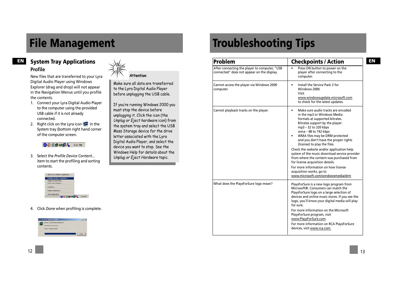 File management, Troubleshooting tips, System tray applications | Problem, Checkpoints / action | Technicolor - Thomson Thomson Lyra PDP2656S User Manual | Page 30 / 30