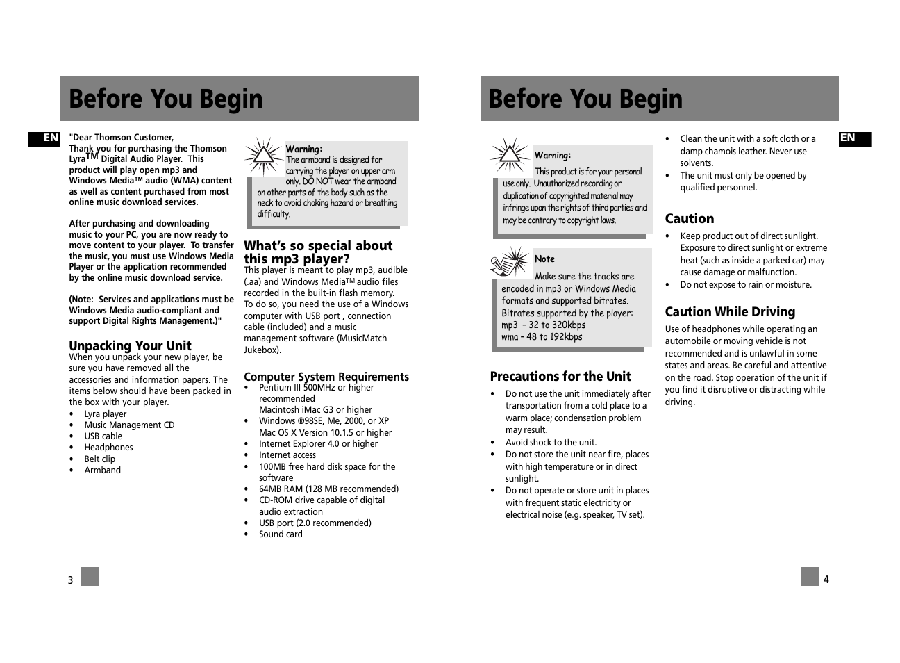 Before you begin, Precautions for the unit, Caution | Caution while driving, Unpacking your unit, What’s so special about this mp3 player | Technicolor - Thomson Thomson Lyra PDP2656S User Manual | Page 7 / 30