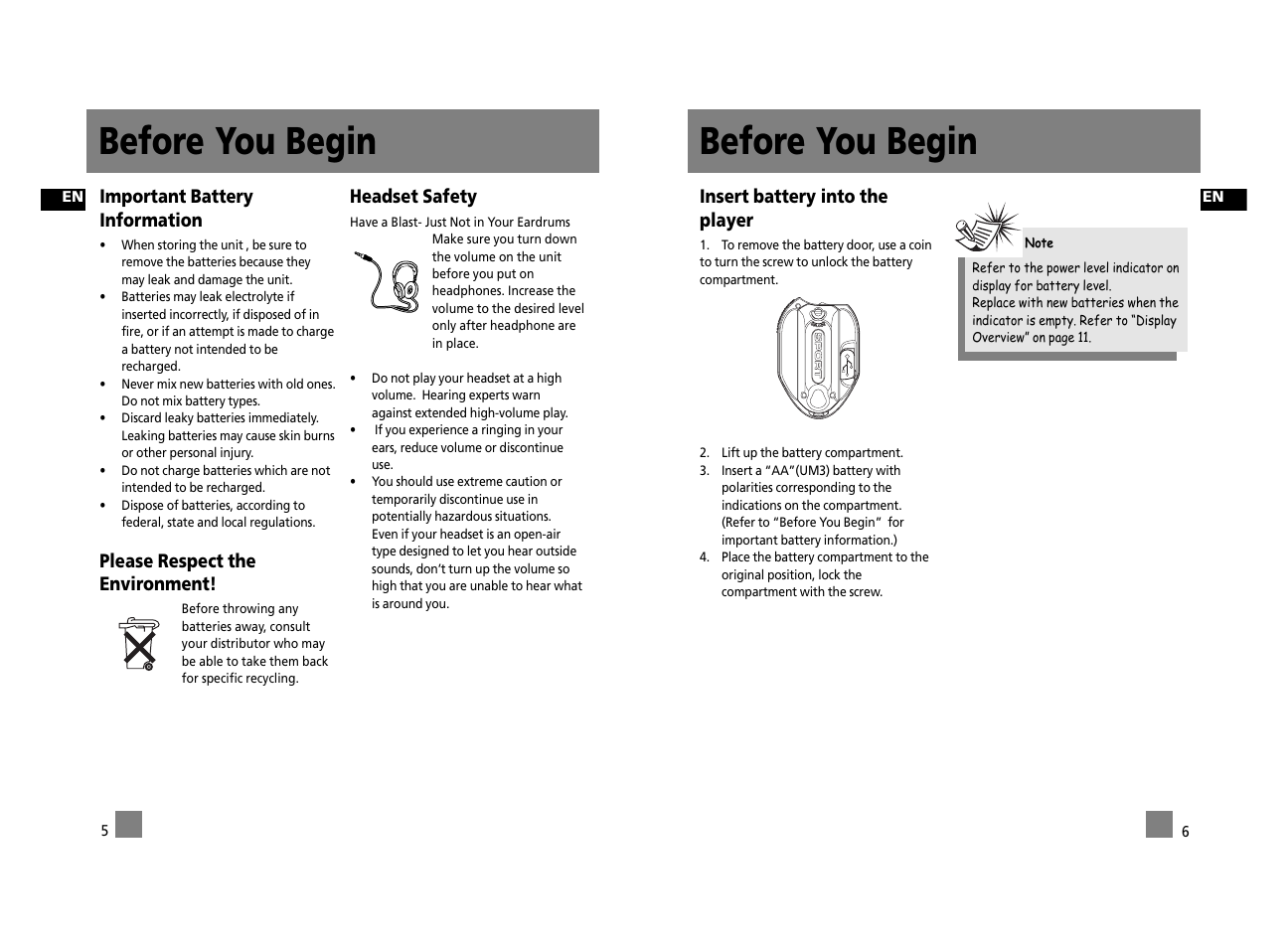 Before you begin, Insert battery into the player, Important battery information | Please respect the environment, Headset safety | Technicolor - Thomson Thomson Lyra PDP2656S User Manual | Page 8 / 30