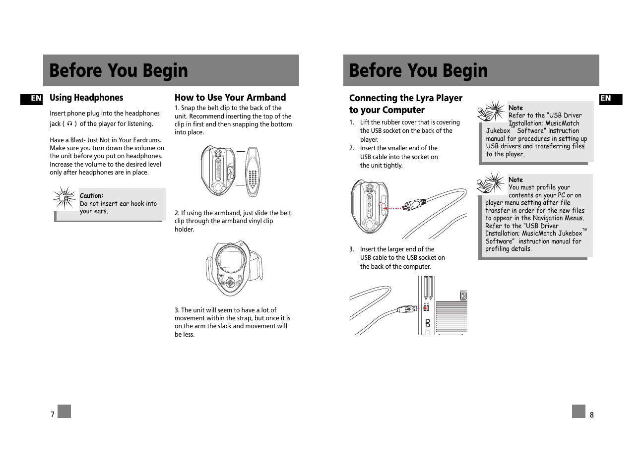 Before you begin, Connecting the lyra player to your computer, Using headphones | How to use your armband | Technicolor - Thomson Thomson Lyra PDP2656S User Manual | Page 9 / 30