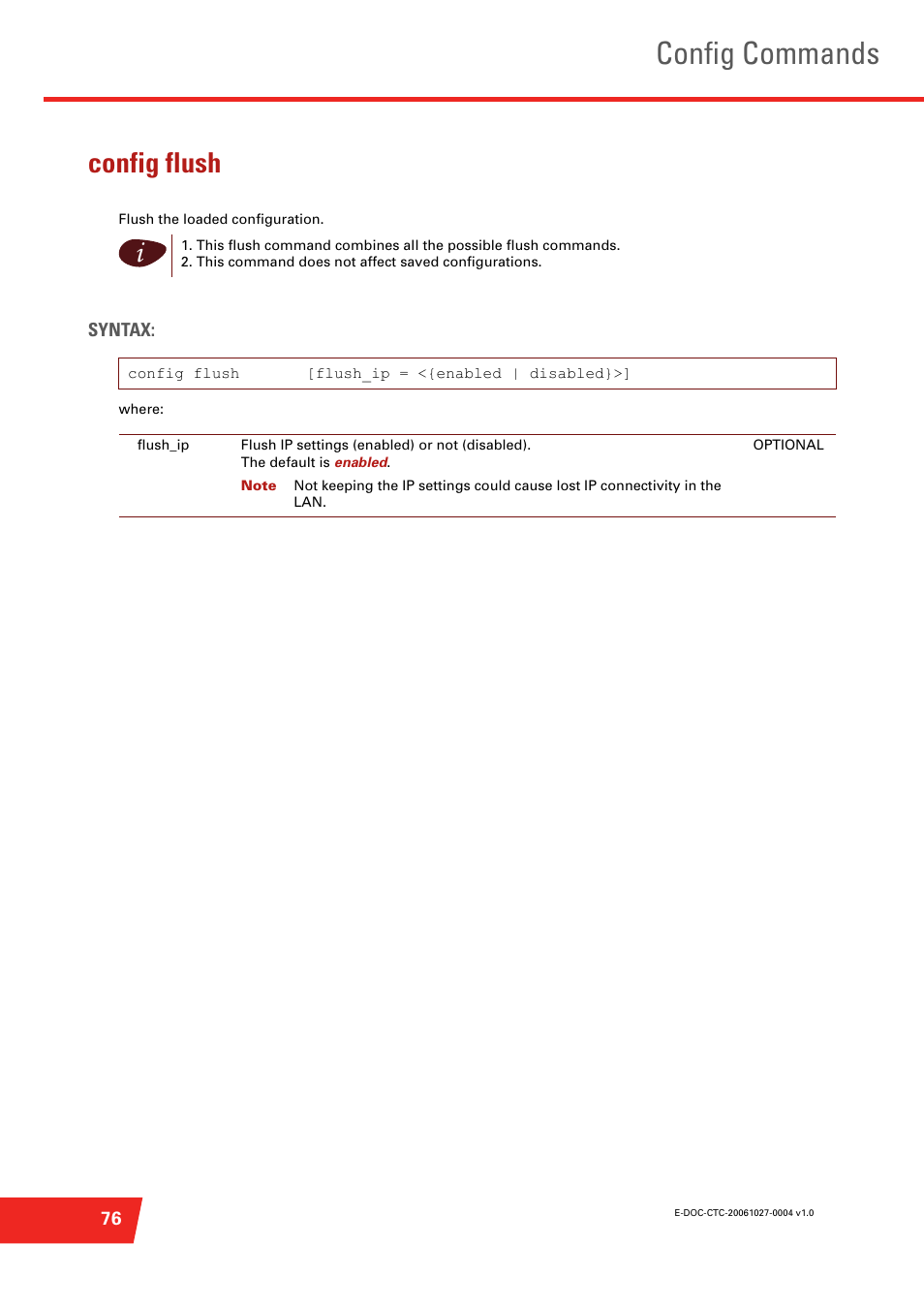 Config flush, Flush the loaded configuration, Config commands | Technicolor - Thomson ST585 V6 User Manual | Page 100 / 834