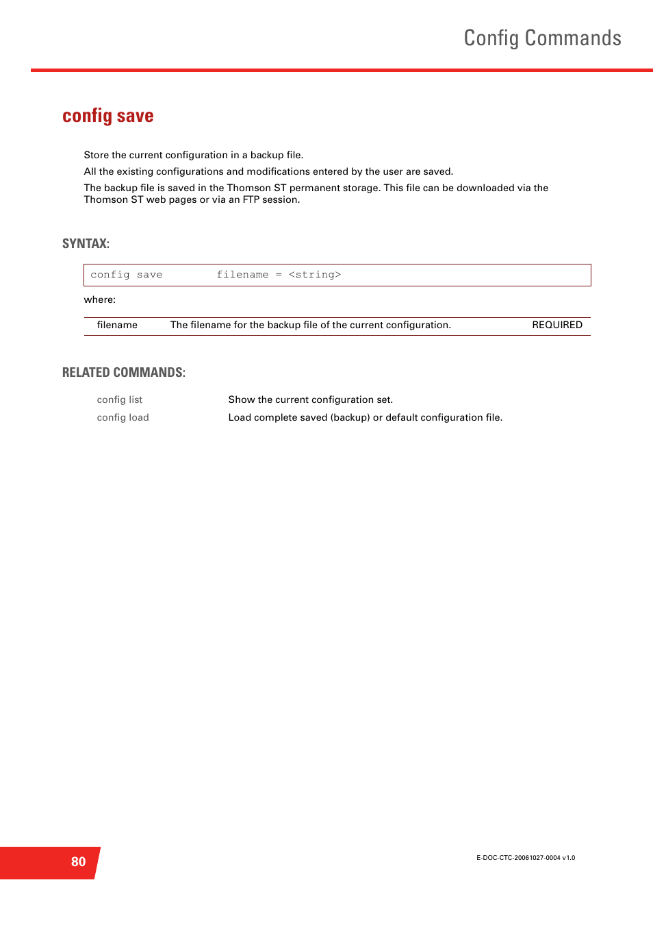 Config save, Store the current configuration in a backup file, Config commands | Technicolor - Thomson ST585 V6 User Manual | Page 104 / 834