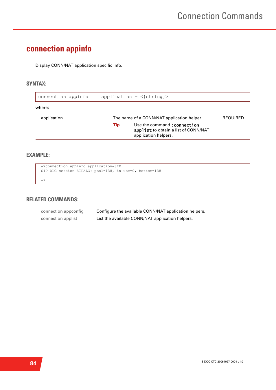 Connection appinfo, Display conn/nat application specific info, Connection commands | Technicolor - Thomson ST585 V6 User Manual | Page 108 / 834