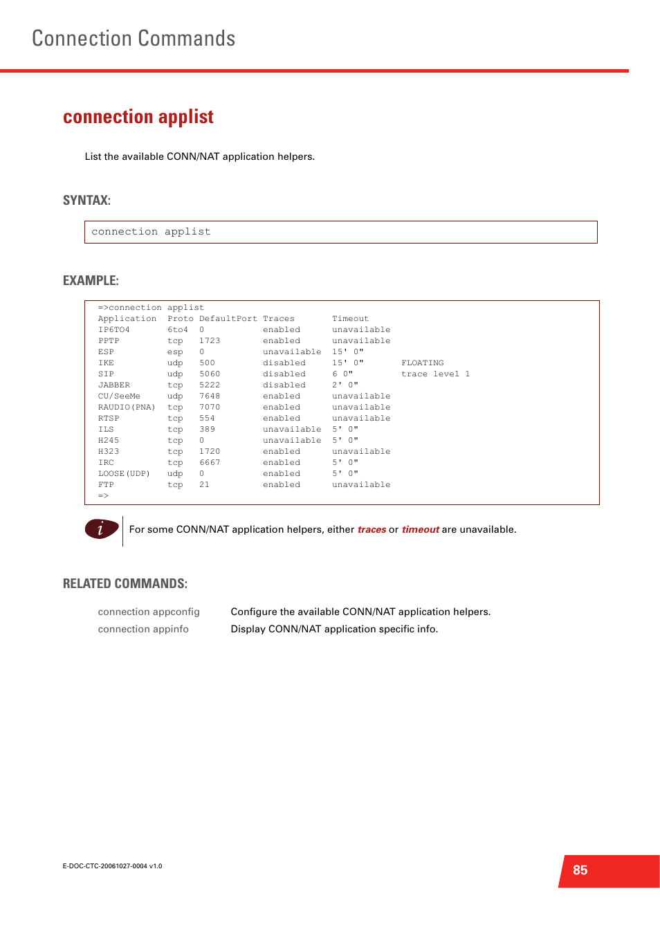 Connection applist, List the available conn/nat application helpers, Connection commands | Syntax: example: related commands | Technicolor - Thomson ST585 V6 User Manual | Page 109 / 834