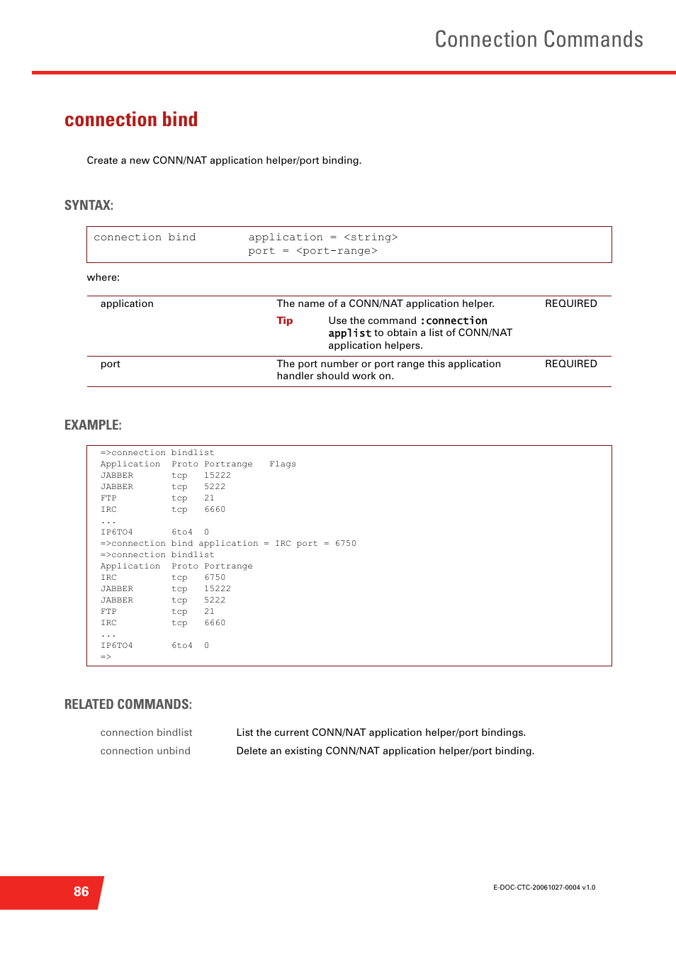 Connection bind, Connection commands, Syntax | Example: related commands | Technicolor - Thomson ST585 V6 User Manual | Page 110 / 834