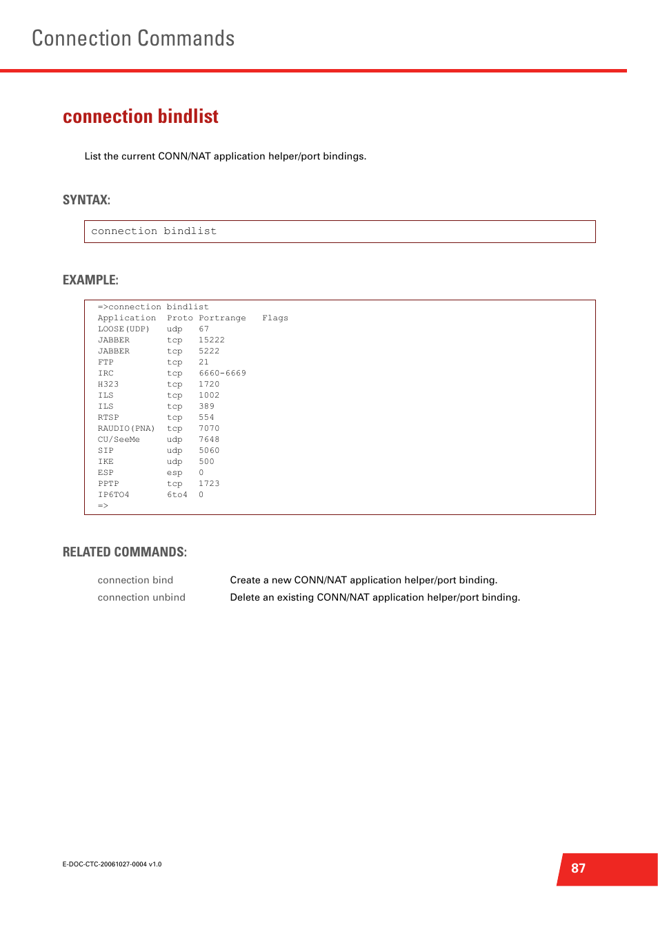 Connection bindlist, Connection commands, Syntax: example: related commands | Technicolor - Thomson ST585 V6 User Manual | Page 111 / 834