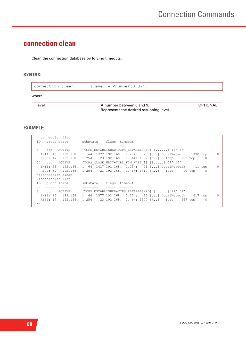 Connection clean, Clean the connection database by forcing timeouts, Connection commands | Syntax, Example | Technicolor - Thomson ST585 V6 User Manual | Page 112 / 834