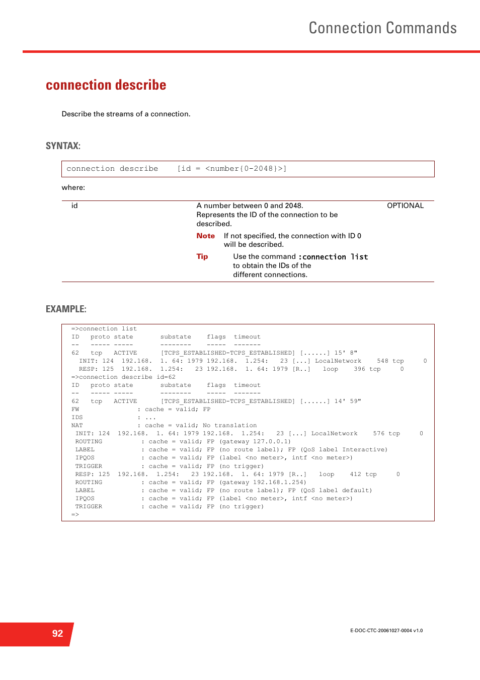 Connection describe, Describe the streams of a connection, Connection commands | Syntax, Example | Technicolor - Thomson ST585 V6 User Manual | Page 116 / 834