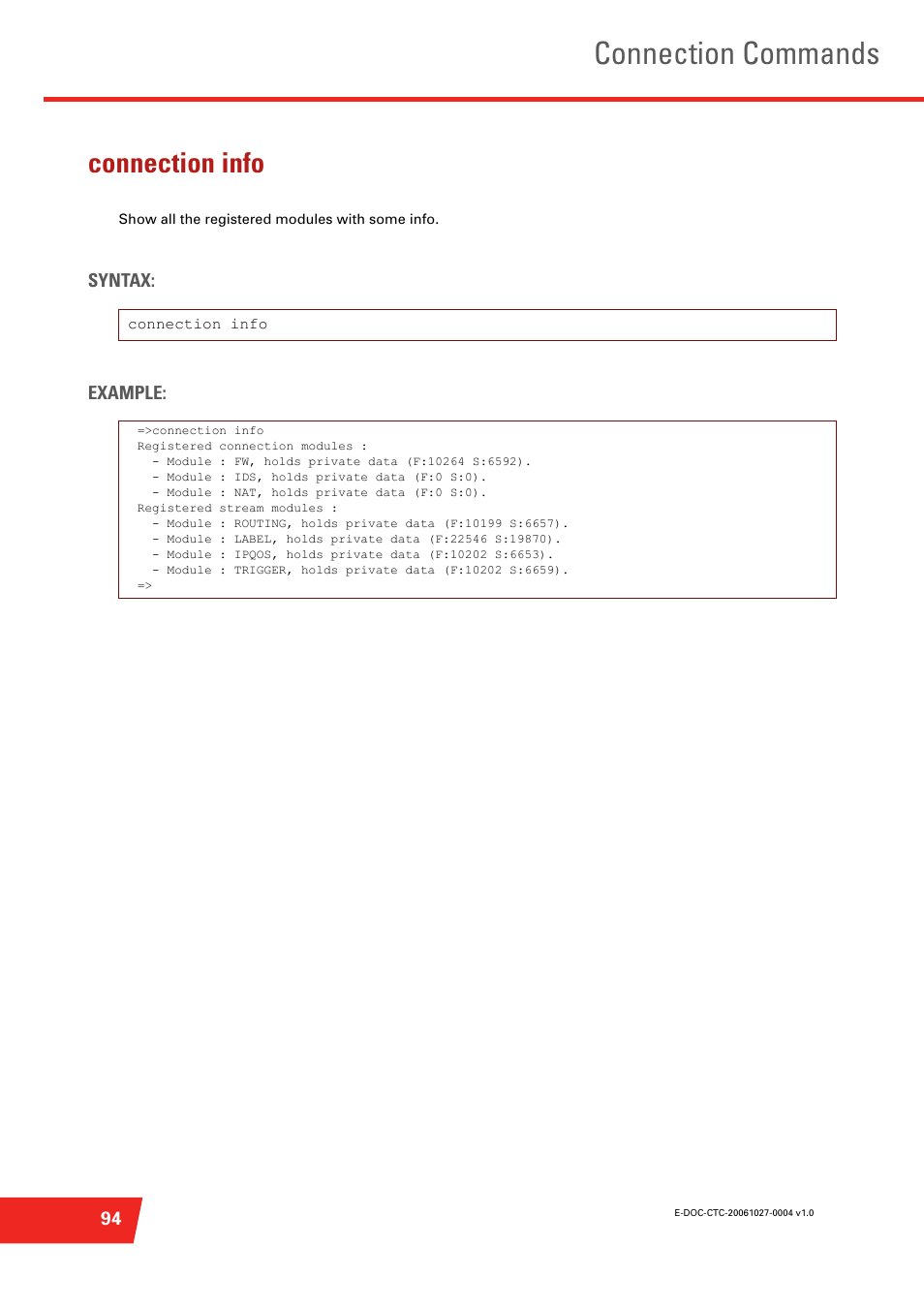 Connection info, Show all the registered modules with some info, Connection commands | Technicolor - Thomson ST585 V6 User Manual | Page 118 / 834