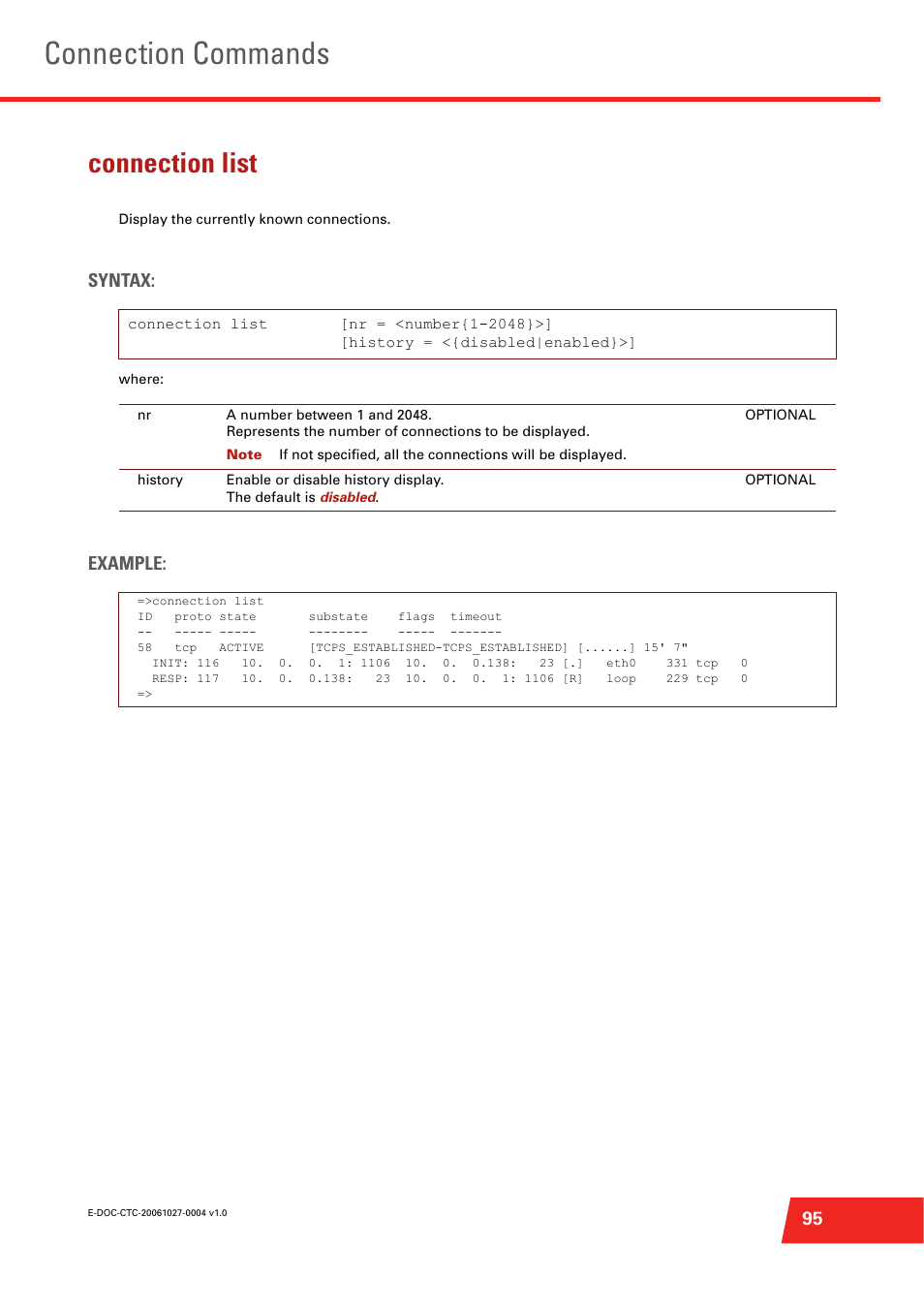 Connection list, Display the currently known connections, Connection commands | Syntax, Example | Technicolor - Thomson ST585 V6 User Manual | Page 119 / 834