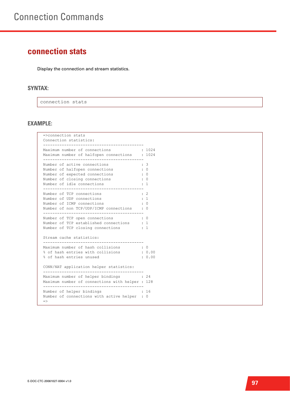 Connection stats, Display the connection and stream statistics, Connection commands | Syntax: example | Technicolor - Thomson ST585 V6 User Manual | Page 121 / 834