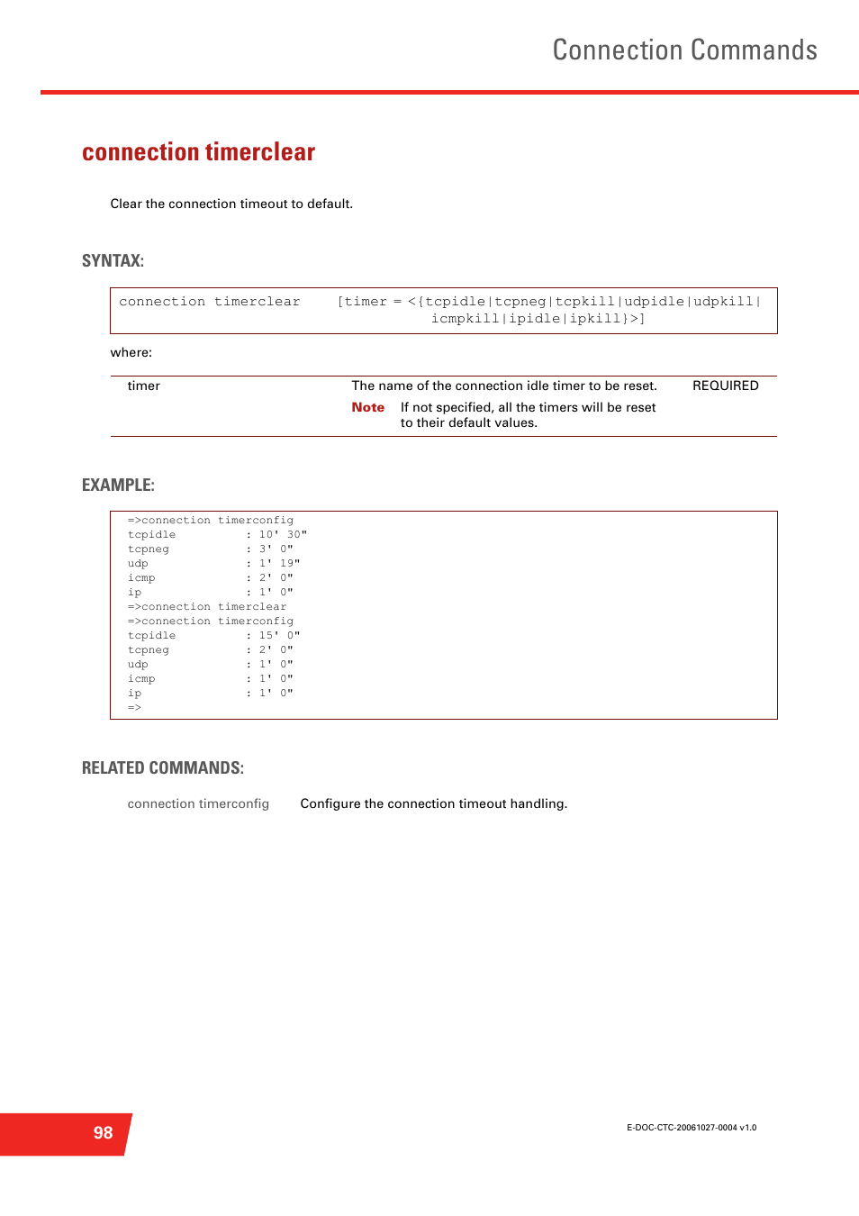 Connection timerclear, Clear the connection timeout to default, Connection commands | Syntax, Example: related commands | Technicolor - Thomson ST585 V6 User Manual | Page 122 / 834