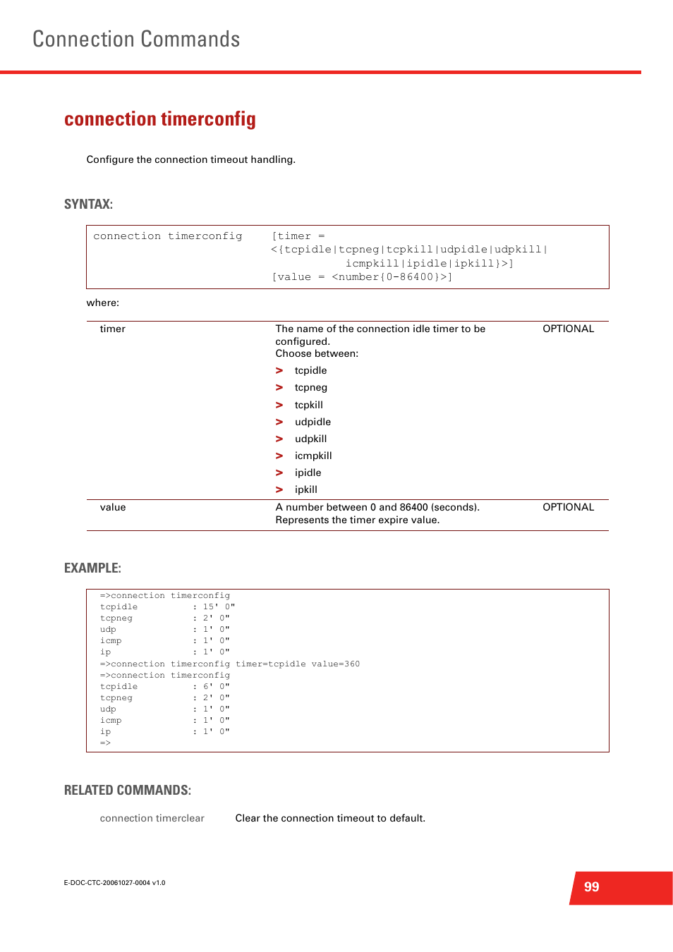 Connection timerconfig, Configure the connection timeout handling, Connection commands | Syntax, Example: related commands | Technicolor - Thomson ST585 V6 User Manual | Page 123 / 834