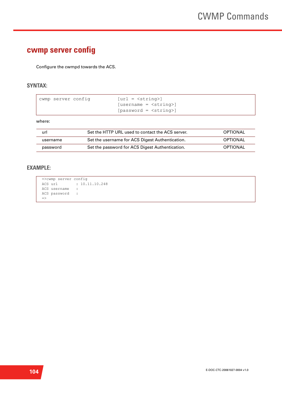 Cwmp server config, Configure the cwmpd towards the acs, Cwmp commands | Syntax, Example | Technicolor - Thomson ST585 V6 User Manual | Page 128 / 834