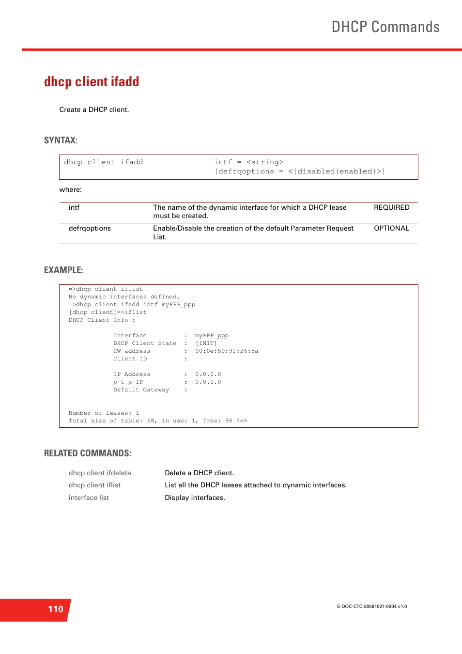 Dhcp client ifadd, Create a dhcp client, Dhcp commands | Syntax, Example: related commands | Technicolor - Thomson ST585 V6 User Manual | Page 134 / 834