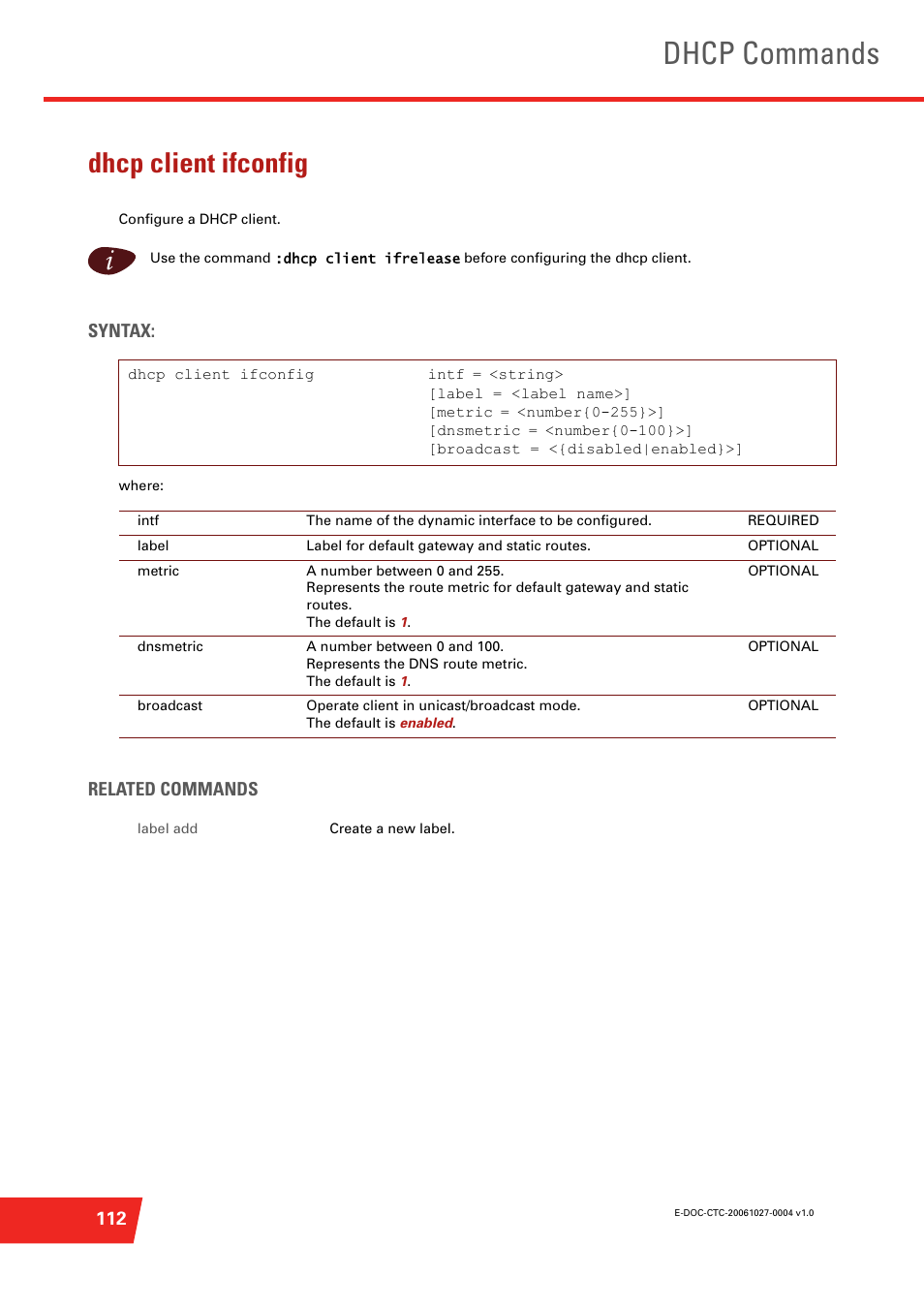 Dhcp client ifconfig, Configure a dhcp client, Dhcp commands | Technicolor - Thomson ST585 V6 User Manual | Page 136 / 834