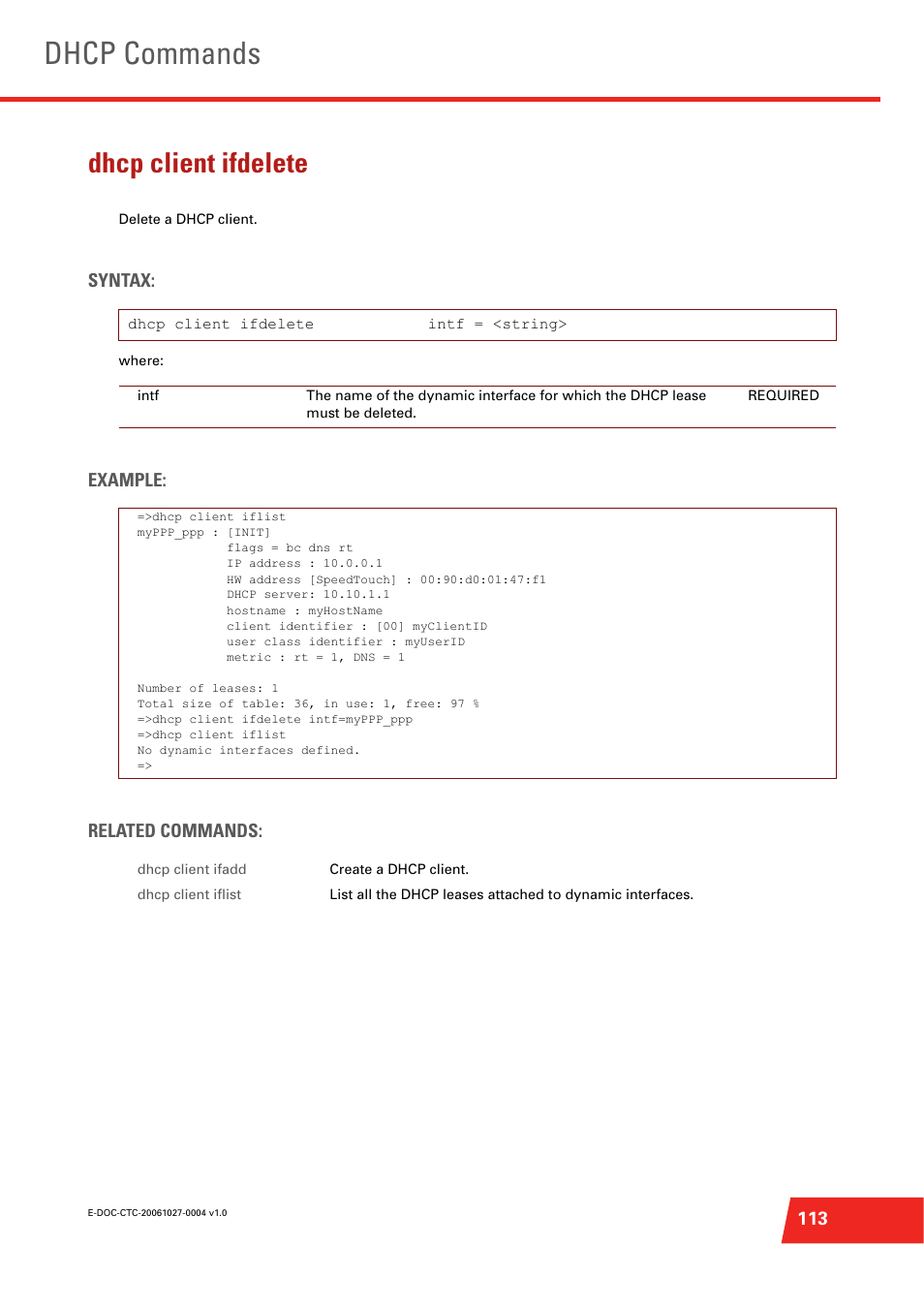 Dhcp client ifdelete, Delete a dhcp client, Dhcp commands | Technicolor - Thomson ST585 V6 User Manual | Page 137 / 834