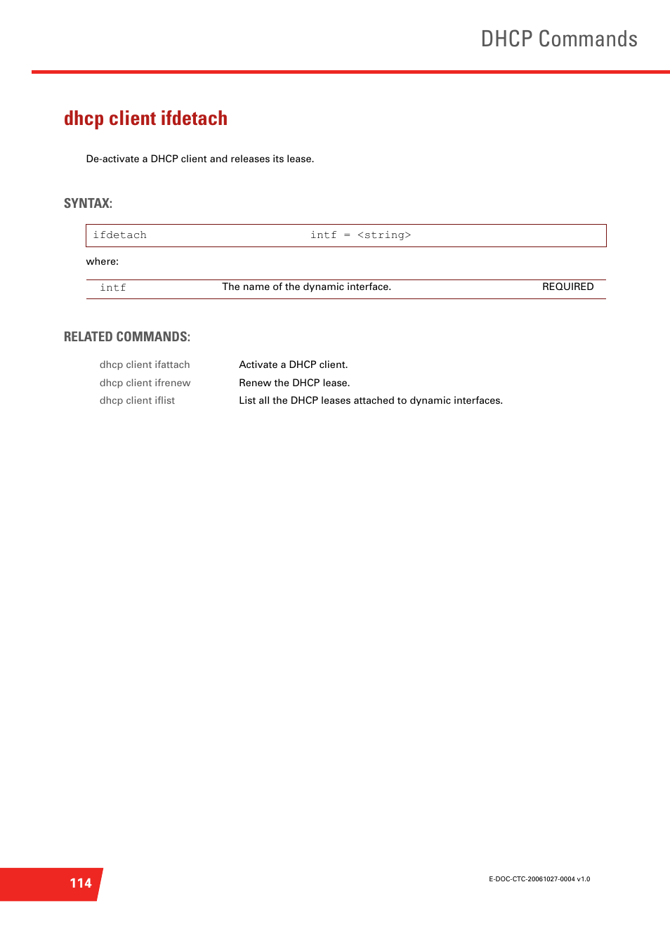 Dhcp client ifdetach, De-activate a dhcp client and releases its lease, Dhcp commands | Technicolor - Thomson ST585 V6 User Manual | Page 138 / 834