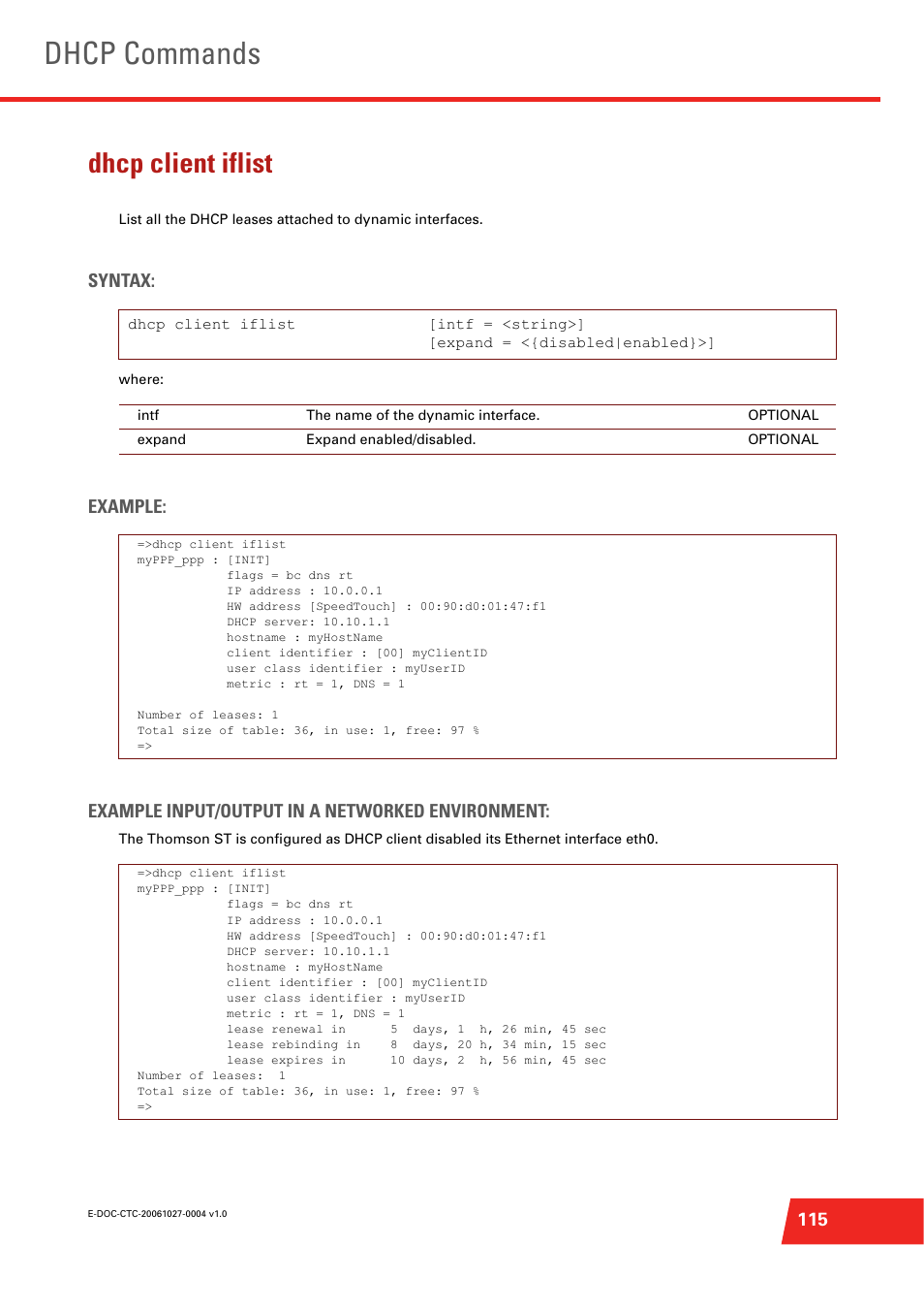 Dhcp client iflist, Dhcp commands, Syntax | Technicolor - Thomson ST585 V6 User Manual | Page 139 / 834